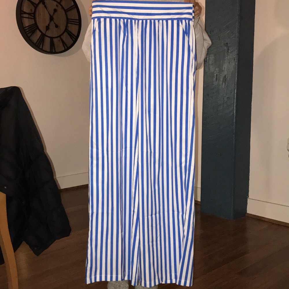 Blue and white striped high waisted pants